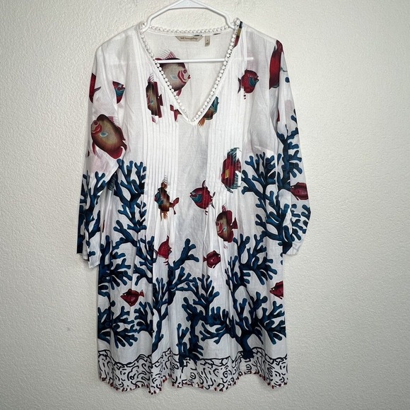 Soft Surroundings Tops - Soft Surroundings Cotton Tunic Top Fish Coral Beach Coverup Beaded Small Ac18